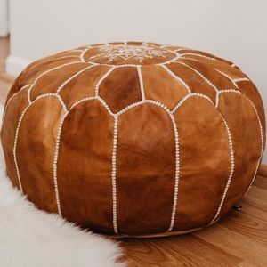 Large Cognac Moroccan Pouf — Genuine Leather